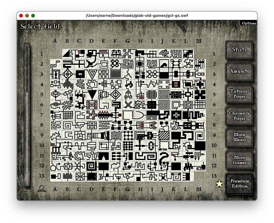 Screenshot of the field selection menu. The corner fields A1, M1, and M13 have not been unlocked yet.