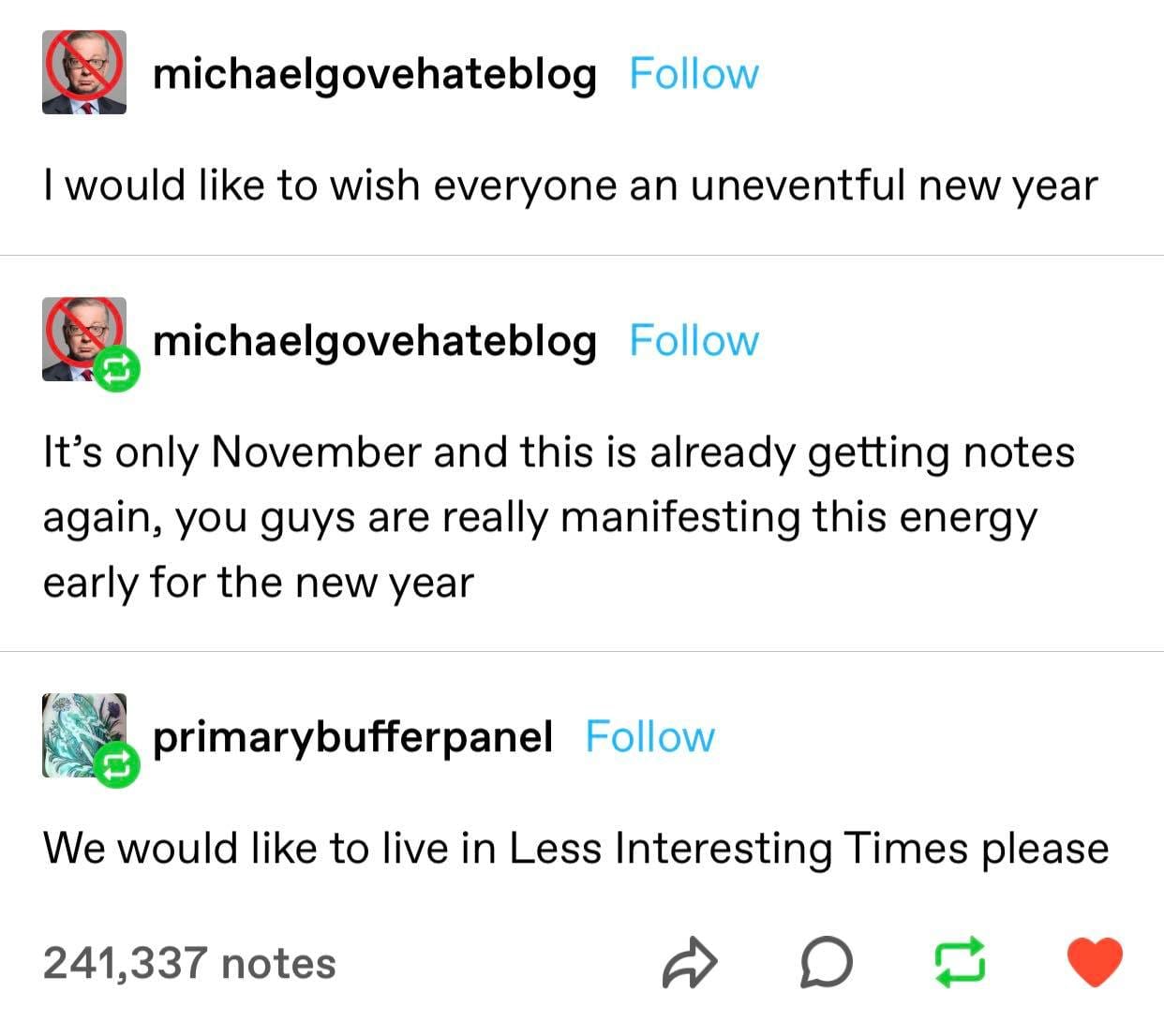 Tumblr post screenshot - michaelgovehateblog: I would like to wish everyone an uneventful new year - It's only November and this is already...
