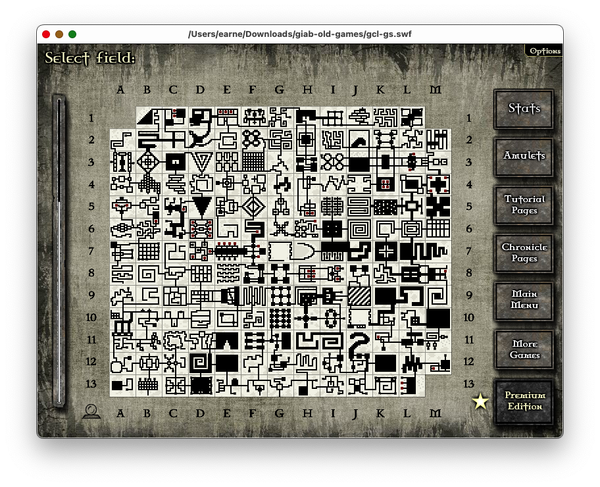 Screenshot of the field selection menu. The corner fields A1, M1, and M13 have not been unlocked yet.