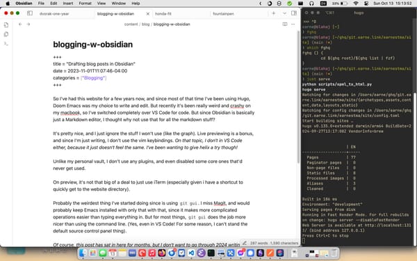 Screenshot of Obsidian editing this post with an iTerm window next to it